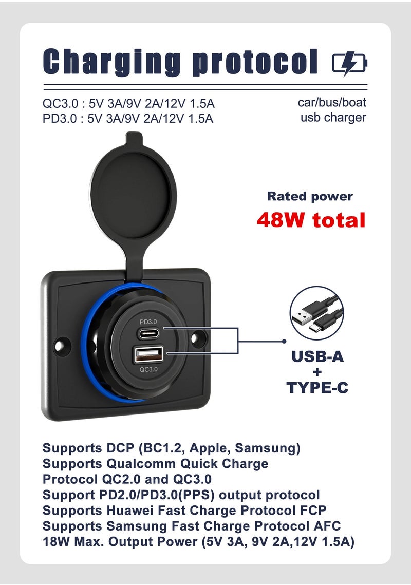 Bluejw Led Dual USB Car Charger QC3.0 PD3.0 12V/24V Fast Charging Adapter, 2 Port Automobile Charger Socket for Phones/Tablets/Marine - [Your Brand/Model] - Image 4